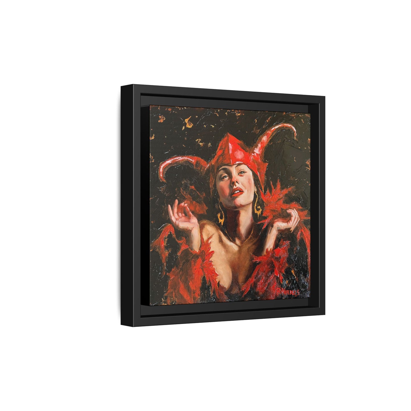 Woman in Red Devil Jester Costume Matte Canvas with floating frame