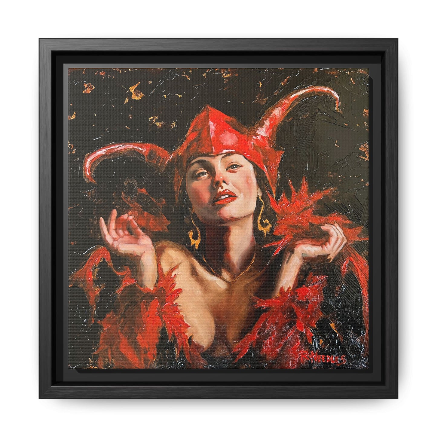 Woman in Red Devil Jester Costume Matte Canvas with floating frame