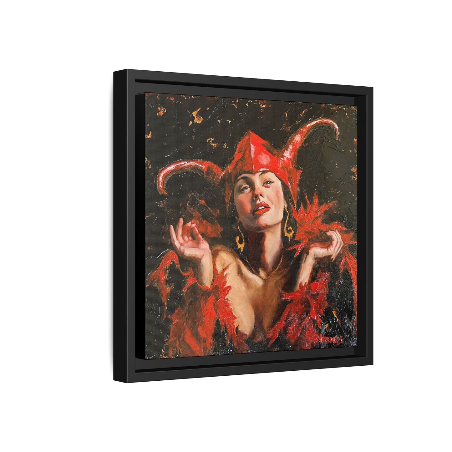 Woman in Red Devil Jester Costume Matte Canvas with floating frame